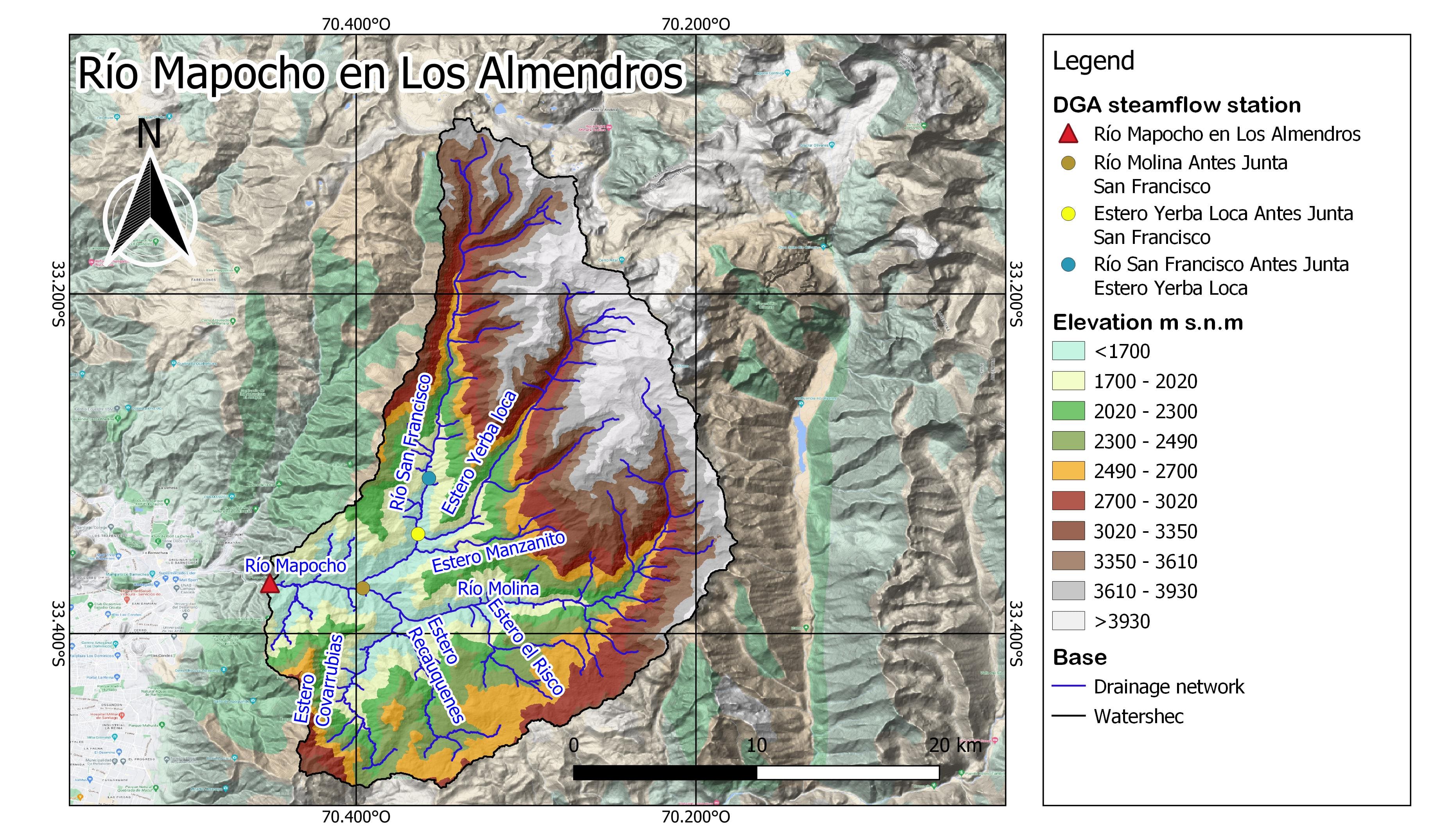 Mapa de elevacion Cuenca del Rio Mapocho en Los Almendros