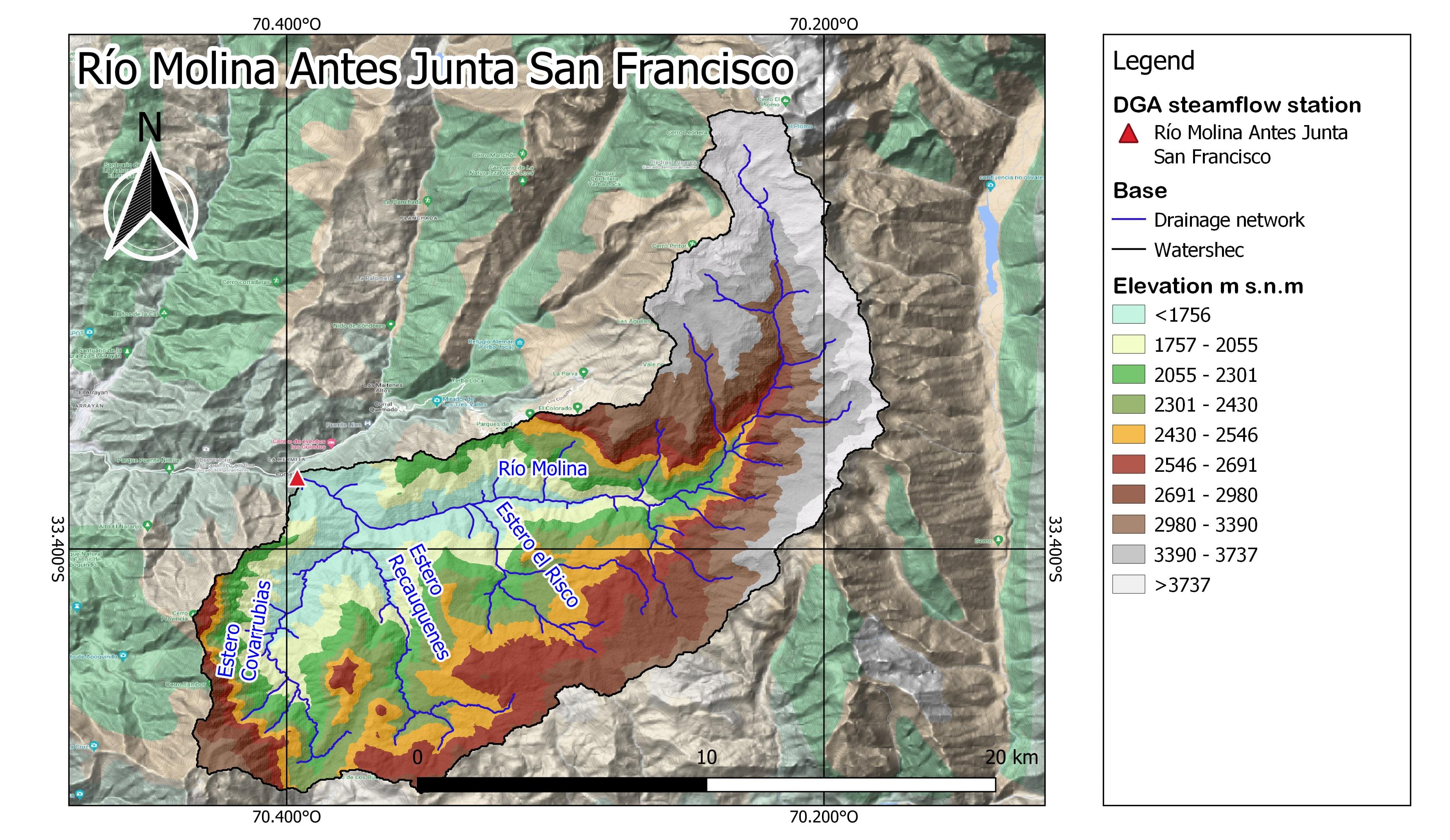 Mapa de elevacion Subcuenca del Rio Molina Antes Junta San Francisco.