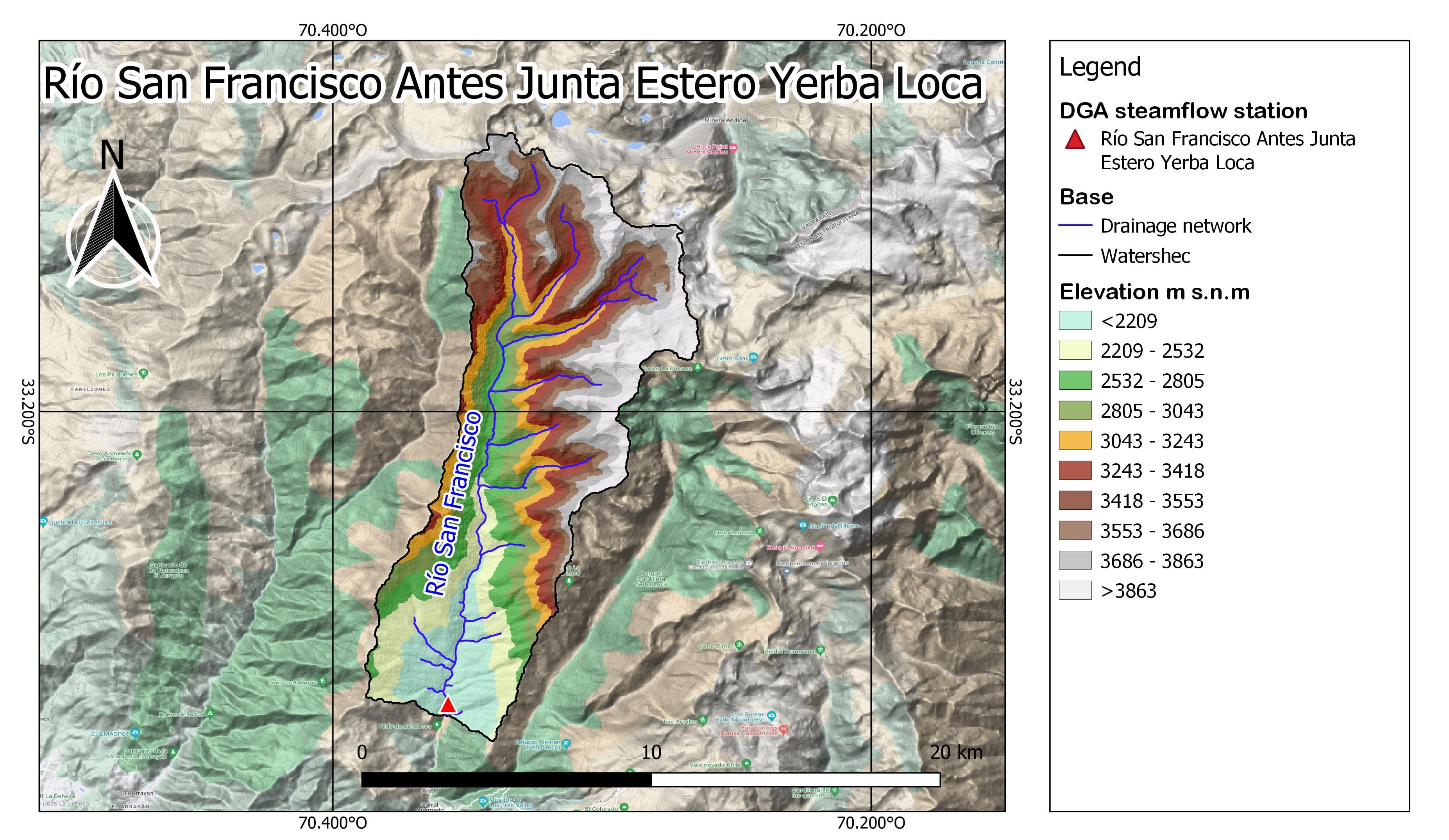 Mapa de elevacion Subcuenca del Estero Yerba Loca Antes Junta San Francisco.