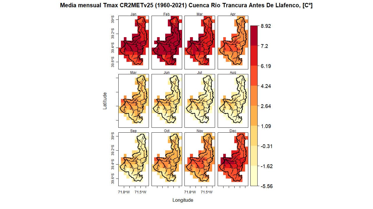 Temperatura mínima media mensual (1960-2021) Cuenca Río Trancura Antes de Llafenco